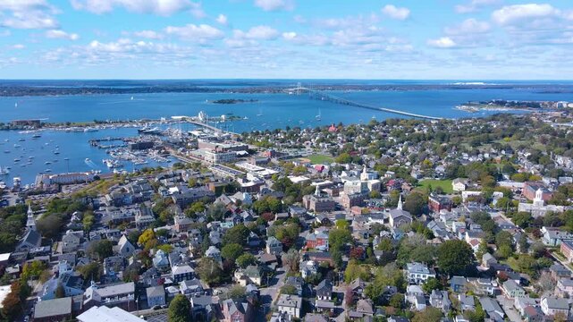 Newport Harbor aerial view with Claiborne Pell Newport Bridge at the background in Narragansett Bay, city of Newport, Rhode Island RI, USA. 