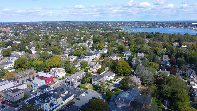 Easton Pond aerial view in fall next to Easton Beach between city of Newport and Middletown, Rhode Island RI, USA. 