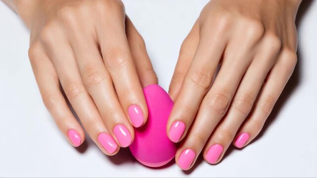 Female hands with pink manicured nails gently hold a pink makeup sponge, showcasing a gradual compression of the sponge against a clean white background