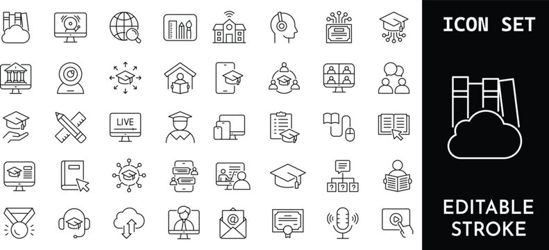 Online education and e-learning thin line icon set.