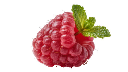 Isolated fresh ripe red raspberry with a vibrant green mint leaf, exquisite close-up © David