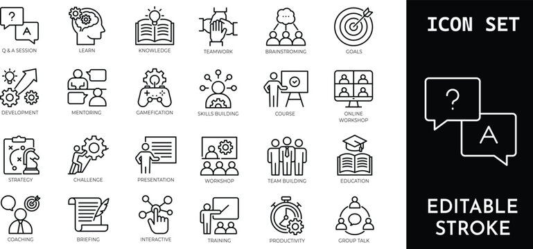 Set of 30 education and learning line icons with editable stroke including Q&A, learn, knowledge, teamwork, brainstorming, goals.