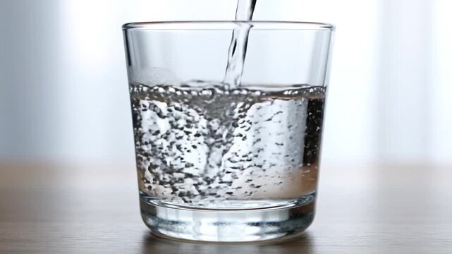 Clear water being poured into a transparent glass tumbler on a wooden table creating a refreshing and healthy beverage scene with bubbles and splashes