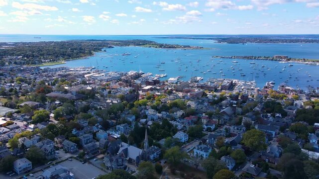 Newport Harbor aerial view in Narragansett Bay, city of Newport, Rhode Island RI, USA. 