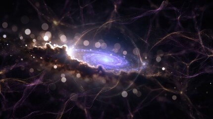 Fototapeta premium Deep-space visualization with a luminous spiral galaxy, gravitational lensing arcs, faint dark matter halo, blue-violet nebula clouds, and particle trails weaving through the cosmic web, suggesting