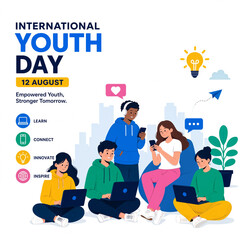 Naklejka premium Group of diverse youth collaborate on a digital project to celebrate International Youth Day with vibrant illustrations and ample copy space for messaging.