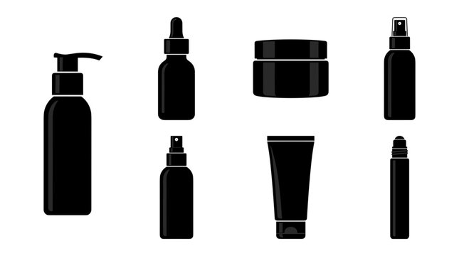 Collection of black cosmetic containers and bottles on white background