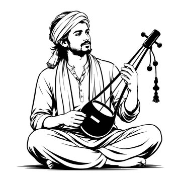 Baul Musician Playing Traditional Ektara &ndash; Bengali Folk Culture Vector Illustration