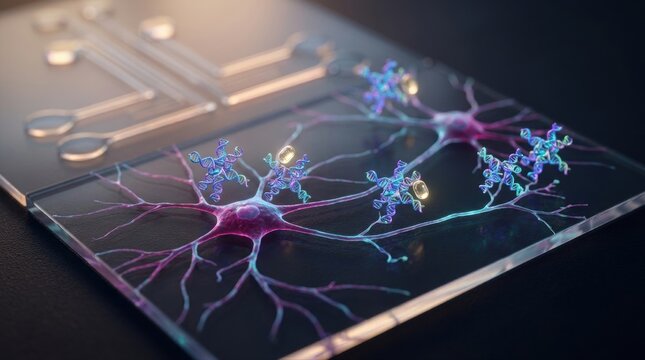 Colorful DNA nanostructure tiles hover above cultured neurons on a glass slide, with axon branches, fluorescent cell membranes, microfluidic channels, and tiny cargo capsules suggesting noninvasive