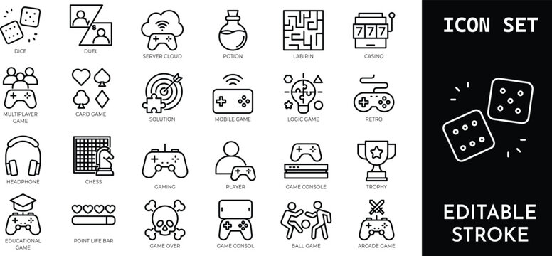 Online gaming and entertainment thin line icon set.