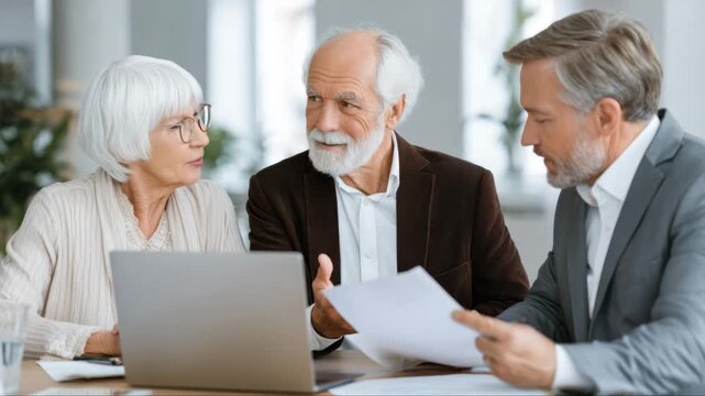 Senior couple and financial advisor engaged in discussion over documents and laptop in modern office setting, showcasing collaborative planning and decision-making process