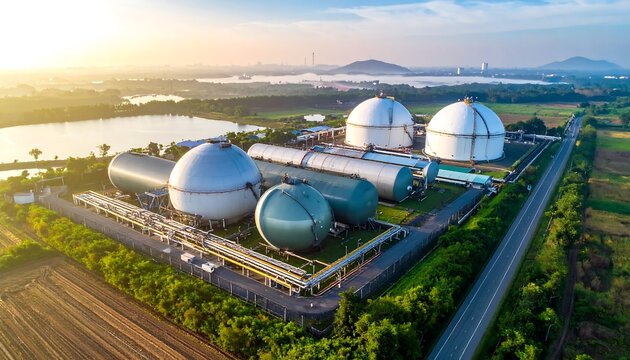 Large Industrial Gas Storage Tanks at Energy Facility in Rural Landscape