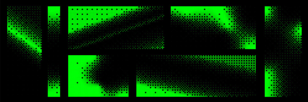 Set of bitmap pixel background with green gradient pattern and 8bit art. Glitch video game design.