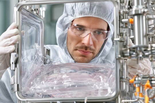 Biotech Technician Loading Single-Use Bioreactor Bag in Cleanroom
