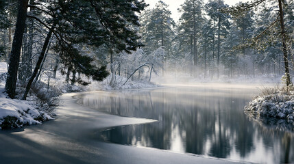 Obraz premium Snow-Covered Path Along a serene frozen lake surrounded by evergreen trees