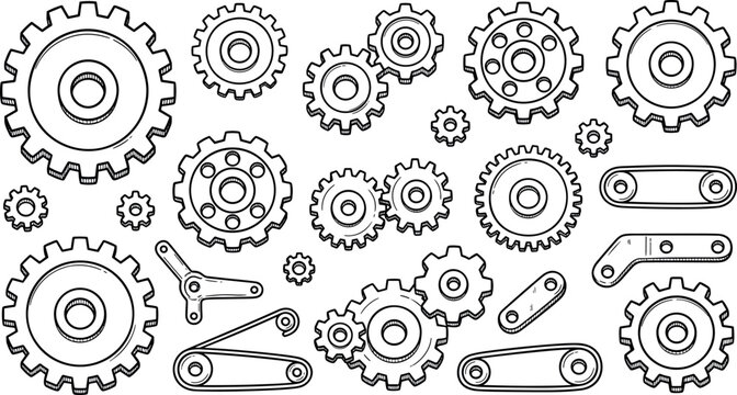 Gear sketch vector collection with hand drawn mechanical cogwheels industrial machinery parts monochrome wheels and vintage clockwork mechanism elements.
