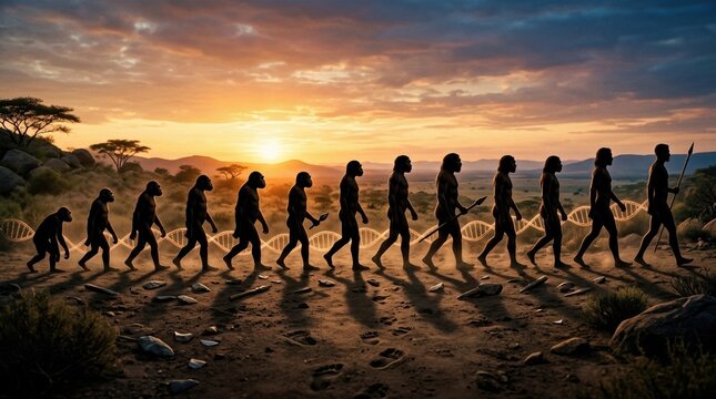 A panoramic illustration of human evolution as a sequence of silhouettes from early hominin to modern adult, set against a warm sunrise gradient, scattered stone tools, footprints in dust, and a DNA