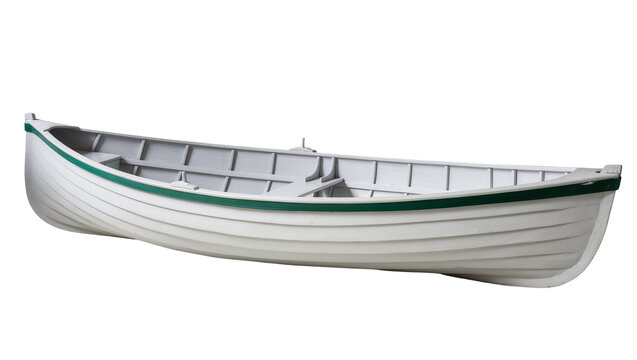 Isolated classic wooden rowboat with green trim, empty and ready for a peaceful voyage