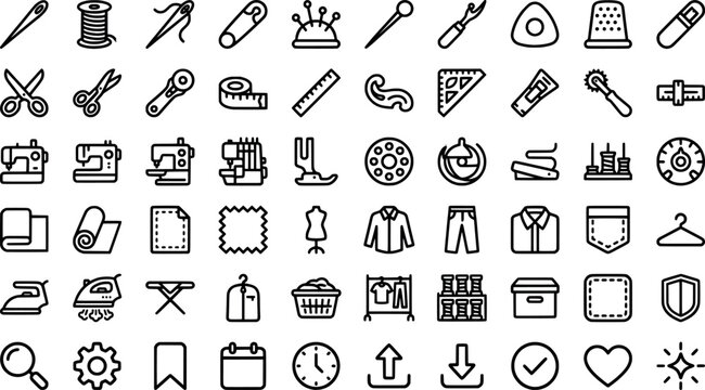 Set of sewing and tailoring icons, vector line art transparent background