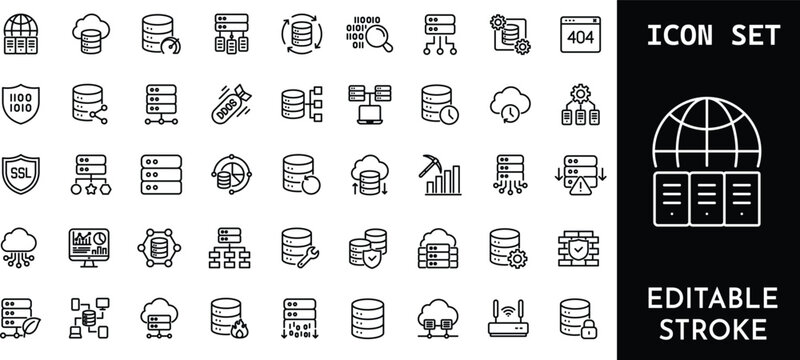 Database server and network security line icons for big data hosting and cloud infrastructure.