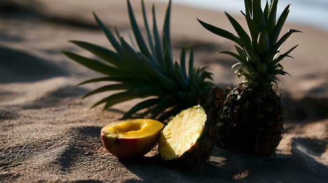 Dramatic silhouette view of tropical pine and mango halves resting on a sandy beach during golden hour