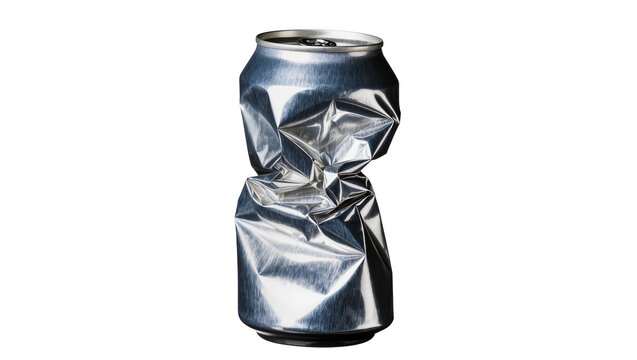 Isolated crumpled aluminum soda can with dents and creases, ideal for recycling concepts.