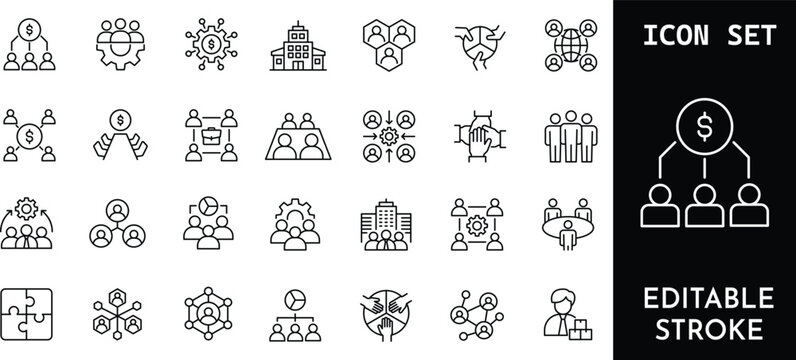 Business teamwork and organizational structure line icon set.