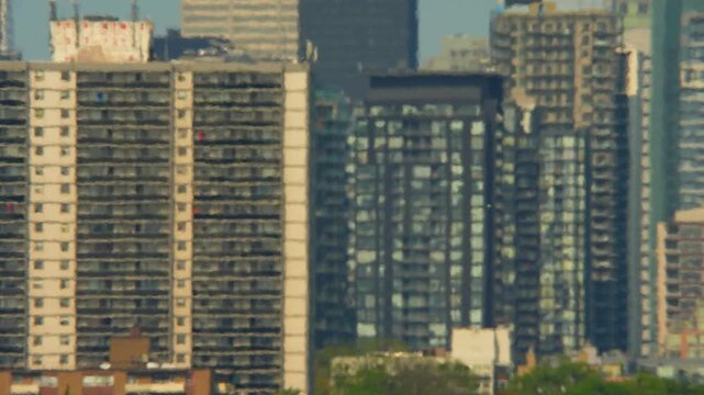 View of the city in North America, experiencing extreme heat alert. Atmosphere air distortion with temperatures rising over 40 Celsius. Increasingly hot and torrid summer.