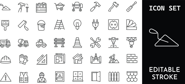 Construction icon set with editable stroke includes various tools and equipment for building and repair.