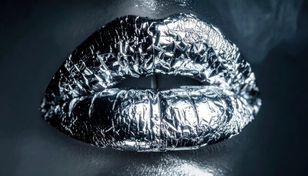 Close up of lips covered in silver metallic foil.