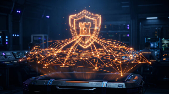 Digital shield icon with glowing network connection lines representing data protection and cybersecurity technology