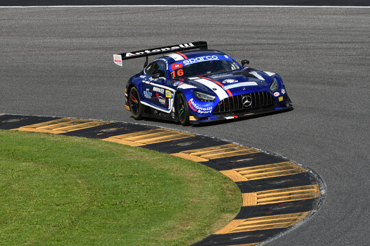 Scarperia, Italy - September 14th 2025: Mercedes AMG GT3 of team AKM MOTORSPORT drive by Farhadi - Valkre in action during Italian Championship GT Endurance race event at Mugello Circuit.