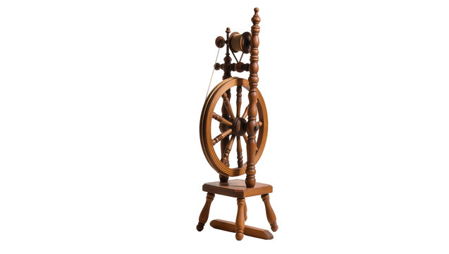 Isolated traditional wooden spinning wheel with intricate details, old fiber craft tool