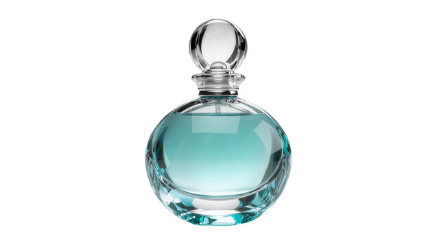 Isolated elegant glass perfume bottle filled with fresh blue liquid, luxury fragrance product