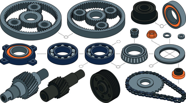 Mechanical engineering vector elements set with planetary gear systems roller bearings drive chain pulley wheel and planetary gearbox components.