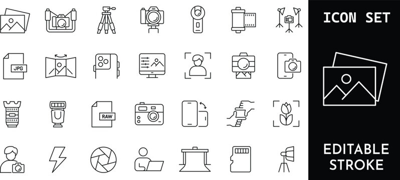 Photography linear icon set collection of vector illustration with editable stroke.