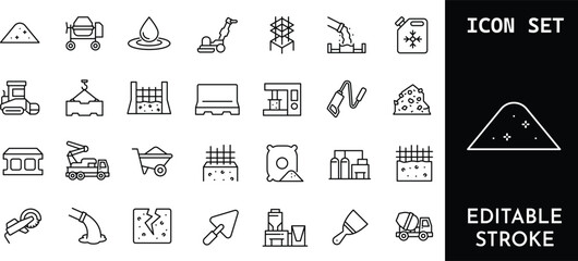 Set of construction and building materials icons. cement, sand, concrete mixer, shovel. editable stroke. © Mayesa