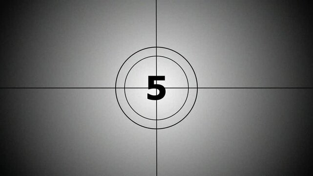 Vintage film leader countdown from 10 to 0 seconds on black background. Cinema movie reel timer effect screen. 4k video