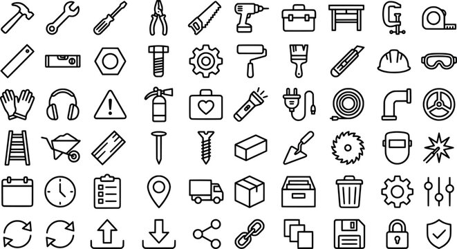 Set of 80 thin line construction and hardware tools icons transparent background