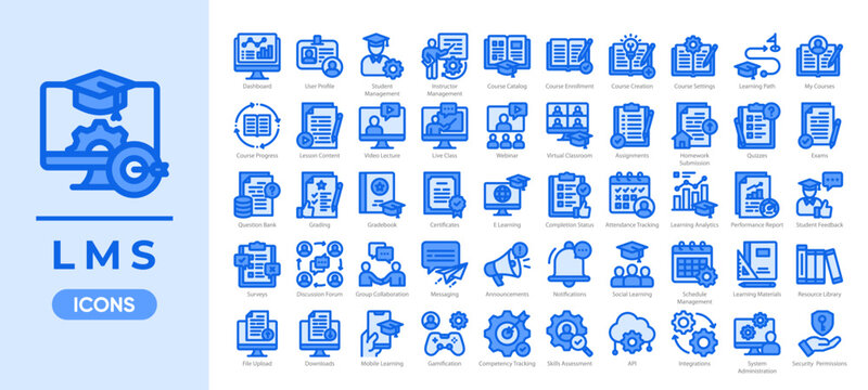 LMS Education Icon Set, Online Learning Management System and E-Learning Interface Elements. Simple Blue Color vector.