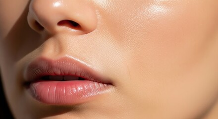 Naklejka premium Close-up of a woman's glowing skin and plump lips, showing smooth texture and healthy complexion for skincare and beauty.