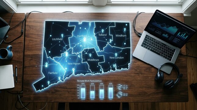 Top-down digital map silhouette of a northeastern U.S. state with glowing county-style overlays, a home office desk, laptop, wireless headset, and bar charts highlighting remote work participation