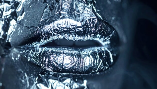 Close up of metallic silver foil on human lips.