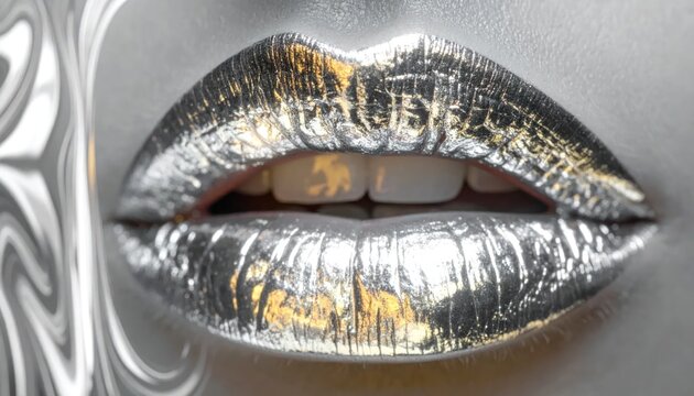 Close up of metallic silver glossy fashion lips.