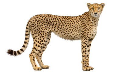 Isolated majestic cheetah standing full length, looking directly at camera, powerful wild feline predator © David