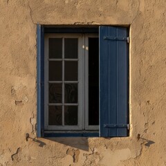 Fototapeta premium Old Window with Open Blue Wooden Shutters on Rustic European House Facade