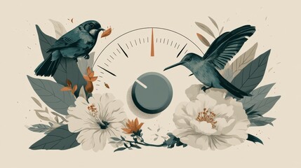 Fototapeta premium Birds and flowers surround a dial that represents sound levels in nature. This visual shows adjusting noise amid natural elements for balance.