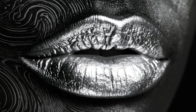 Close up of metallic silver lips on dark face.