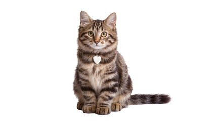 Fototapeta premium Isolated adorable domestic tabby cat with a charming heart-shaped tag sitting and looking at camera