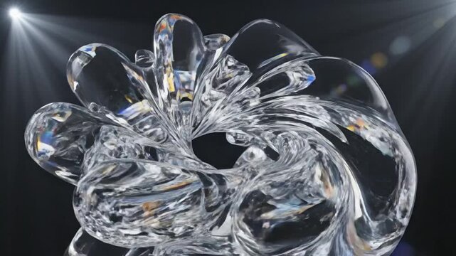 Abstract swirling clear glass sculpture with iridescent rainbow light refractions against a dark moody background with spotlight beams